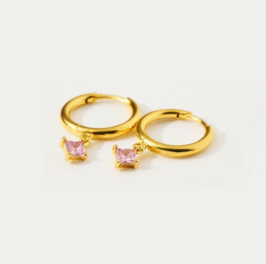 Gold Plated Hoop Earrings with Pink Cubic Zirconia