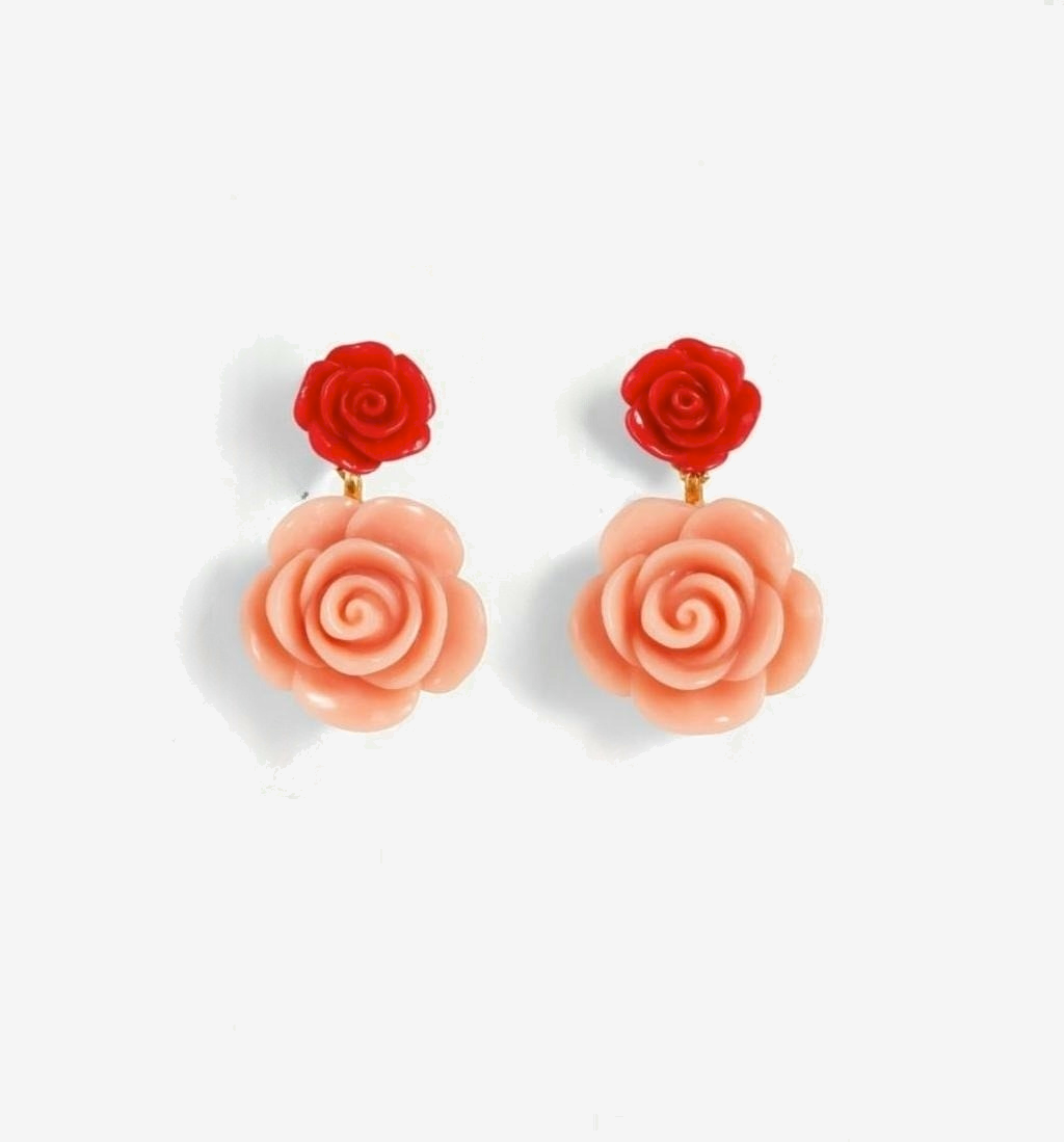 Red and Powder Pink Drop Flower Earrings
