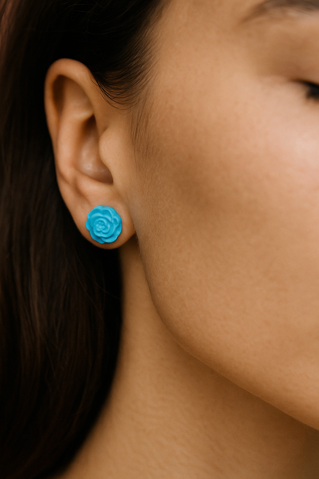 Deep Matt Blue Flower Stud Earrings