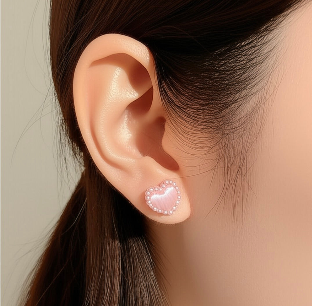 Pink Hearts with Dots Stud Earrings
