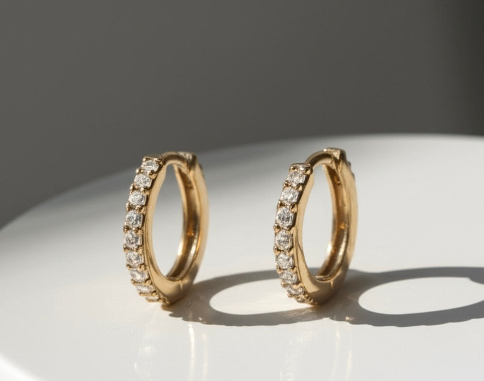 Pave Gold Plated Sterling Silver Hoop Earrings- Small