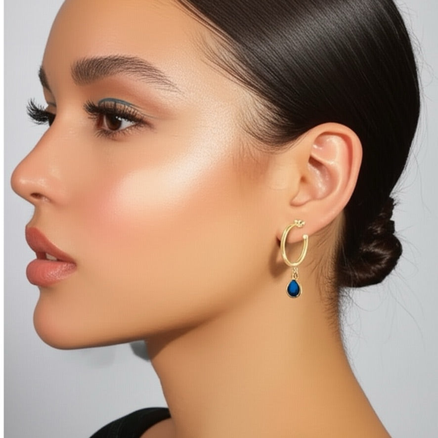 Deep Blue Teardrop Semi Hoop Earrings