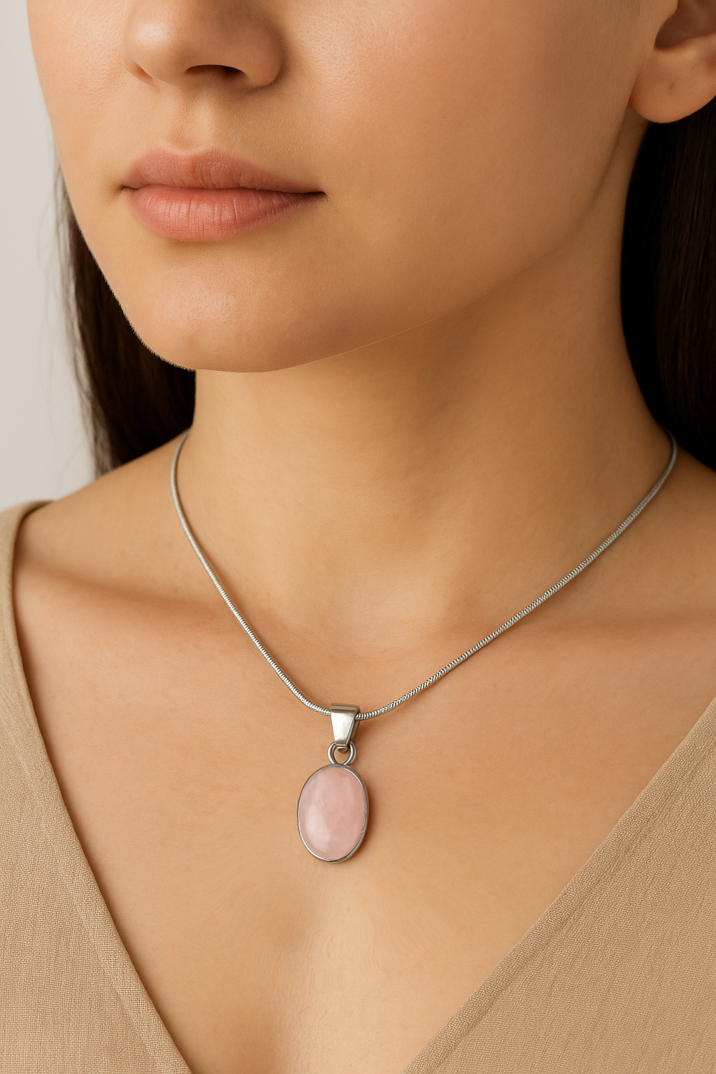 Rose Quartz Stone Stainless Steel Pendant Necklace