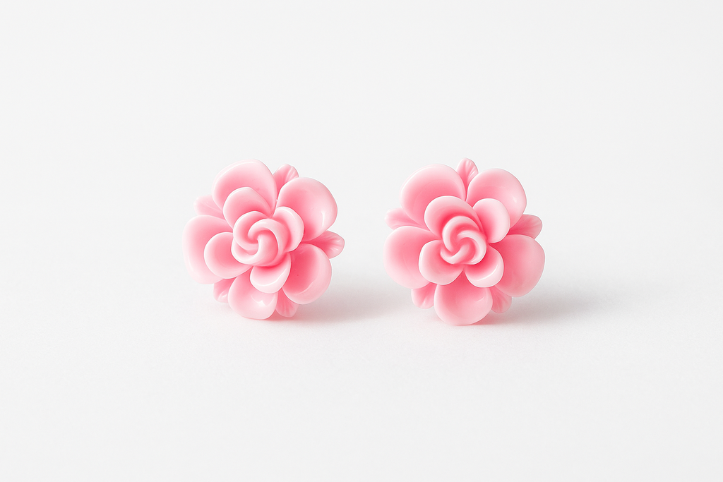 Large Pink Rose Flower Earrings