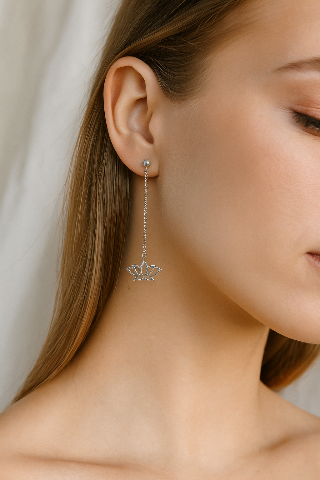 Lotus Long Drop Sterling Silver Earrings