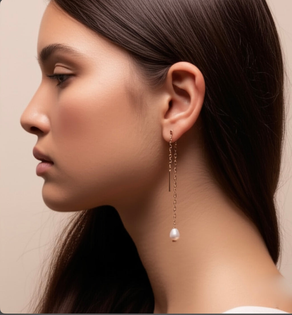 Rose Gold and Pink Pearl Silver Thread Earrings