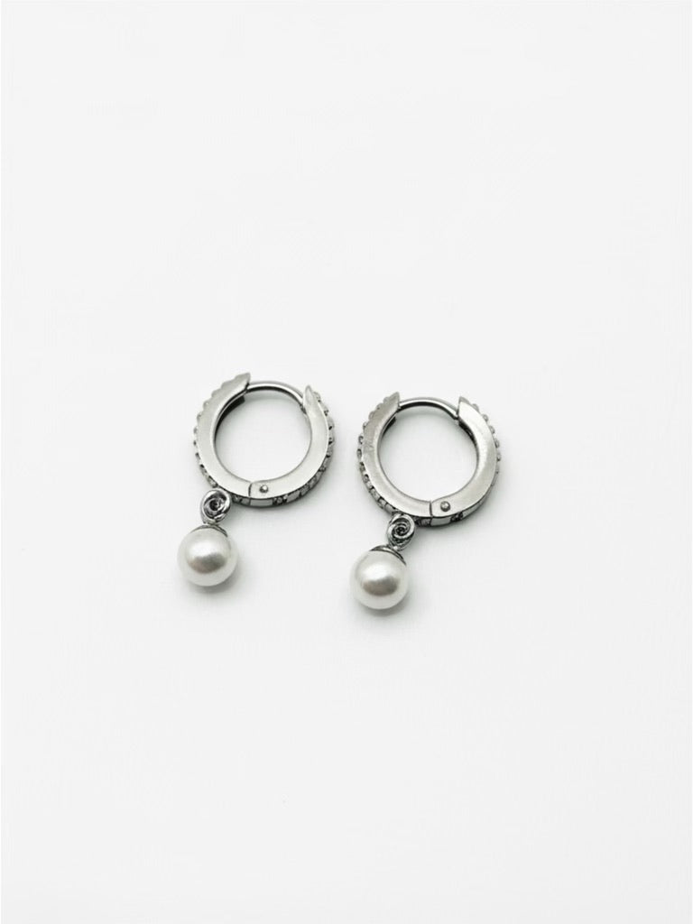 Cubic Zirconia and Pearls Sterling Silver Hoop Earrings