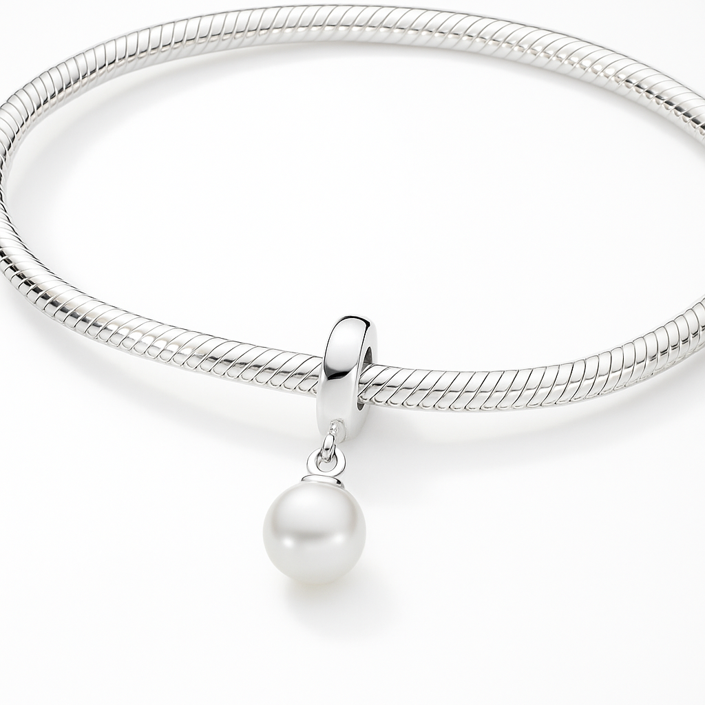 Seashell Pearl Bracelet Charm in Silver