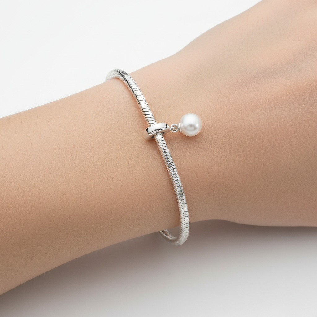 Seashell Pearl Bracelet Charm in Silver