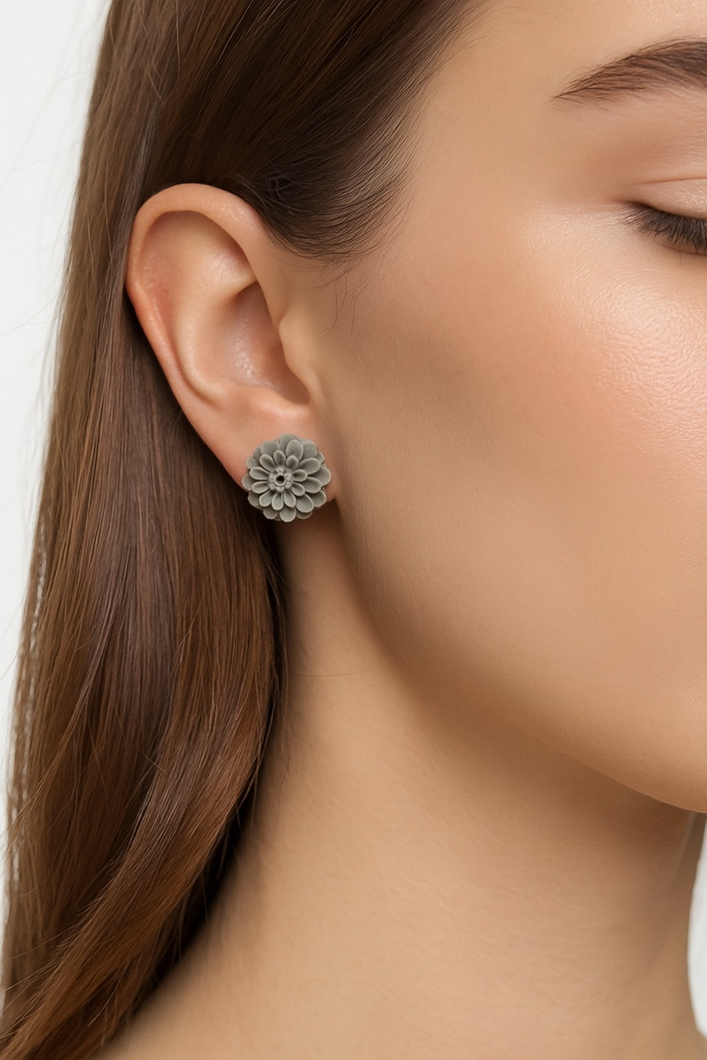 Grey Dahlia Flower Stud Earrings