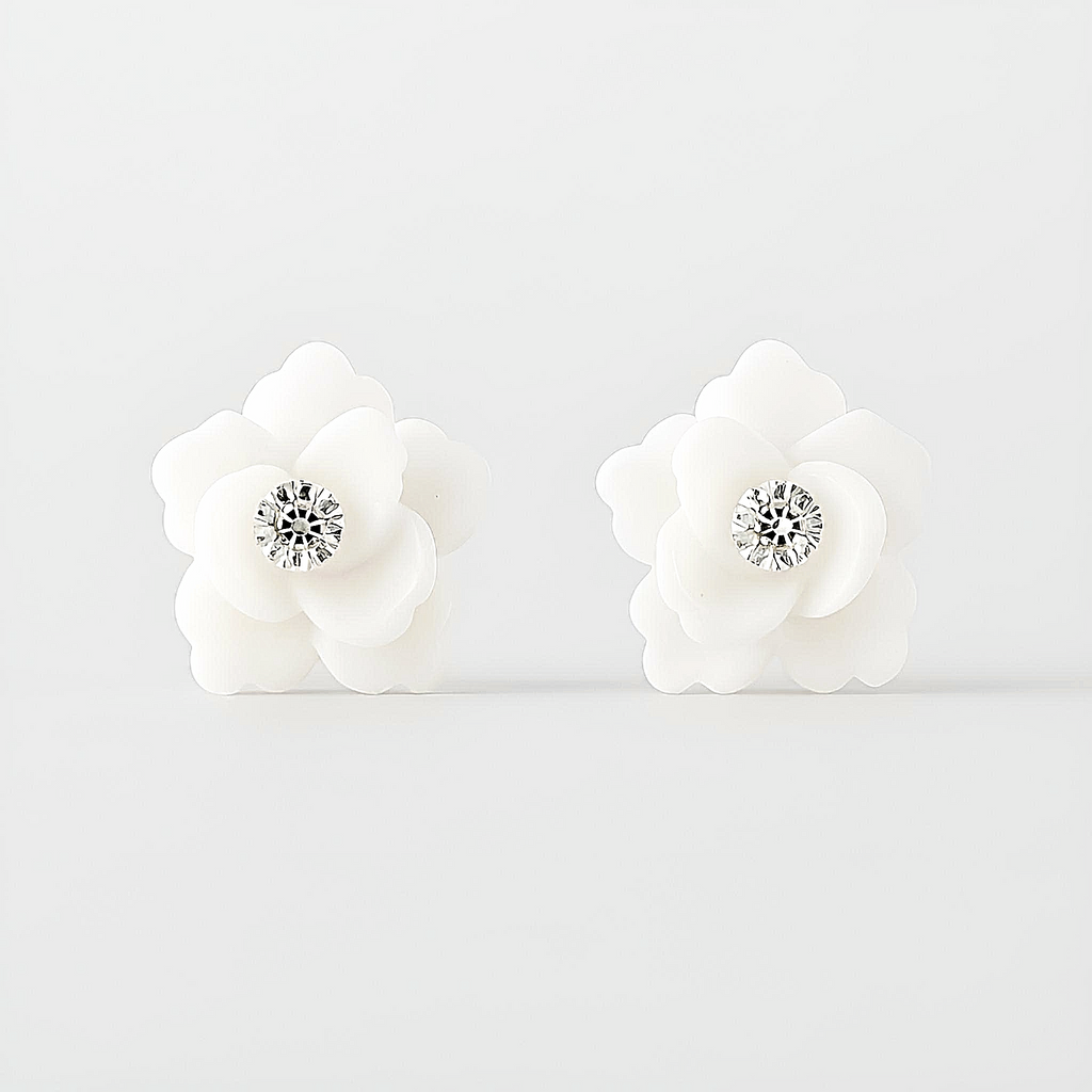 Small White Rose Sparkling Stud Earrings