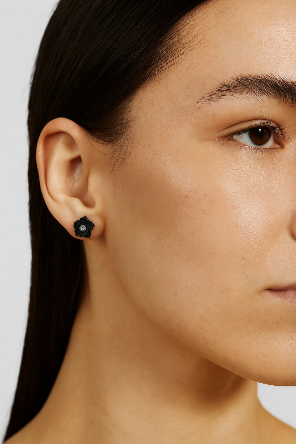 Black Flowers with Crystals Stud Earrings