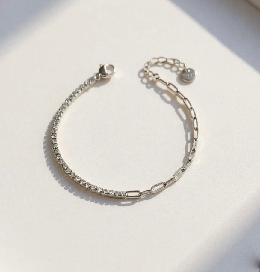 Tennis Bracelet with Paperclip Chain in Silver