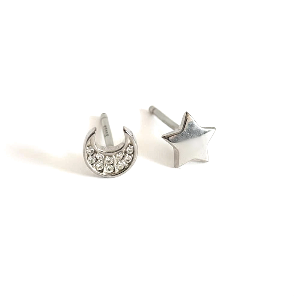 Asymmetric Moon and Star Sterling Silver Stud Earrings