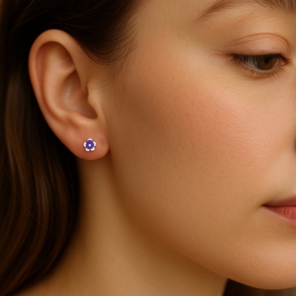 White and Violet Flower Stud Earrings