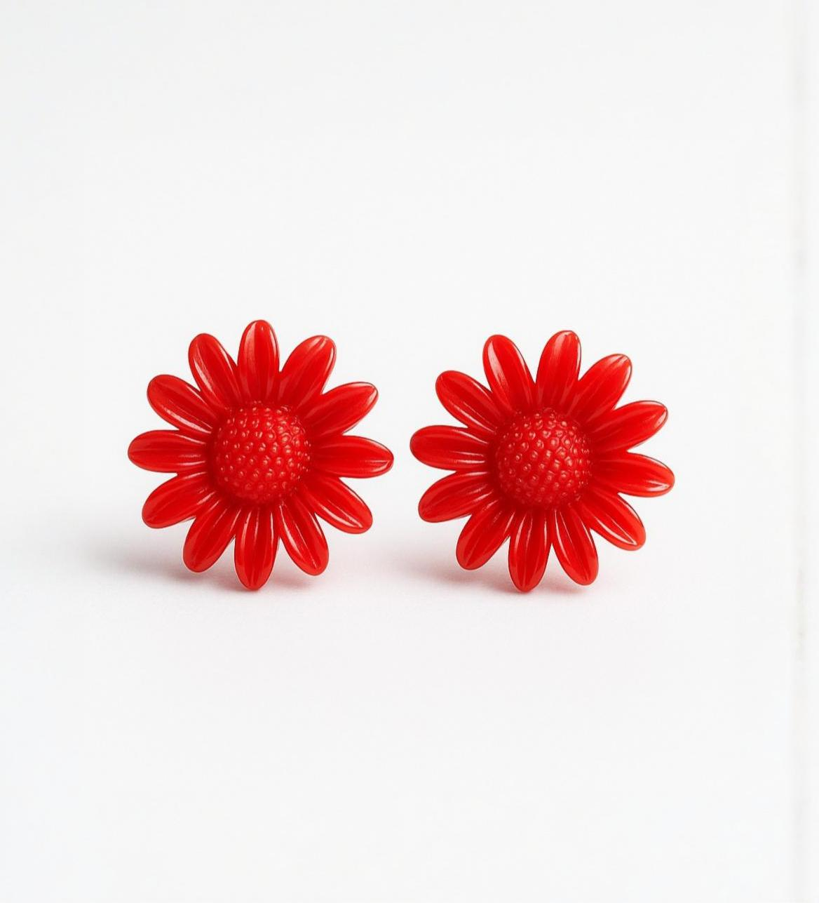Red Marguerite Flower Stud Earrings