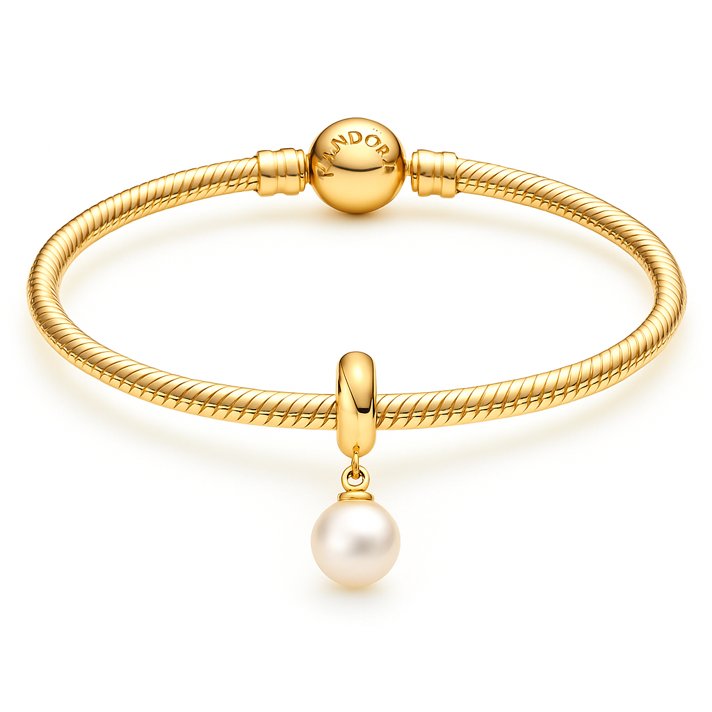 Seashell Pearl Bracelet Charm in Gold