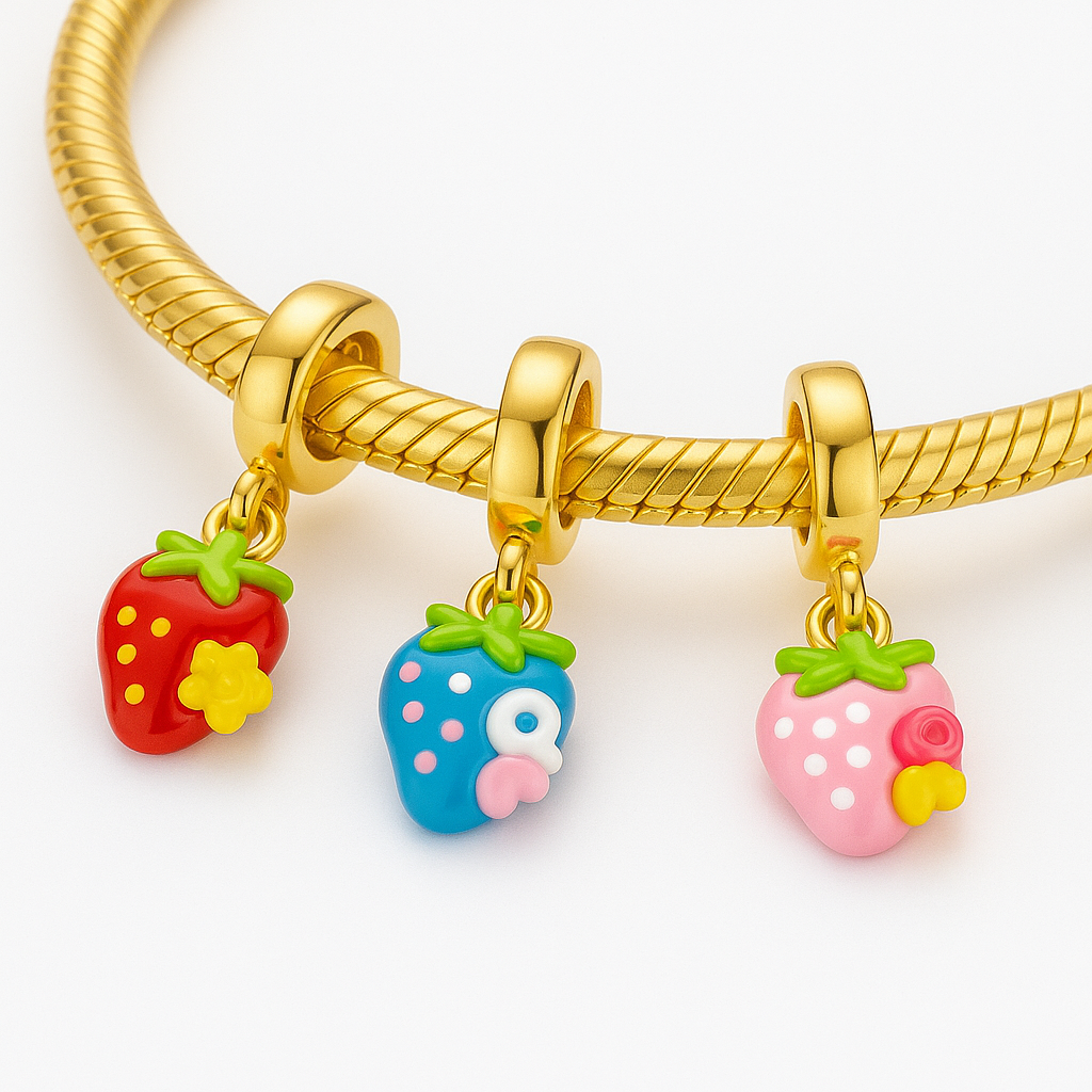 Large Pink Strawberry Bracelet Charm
