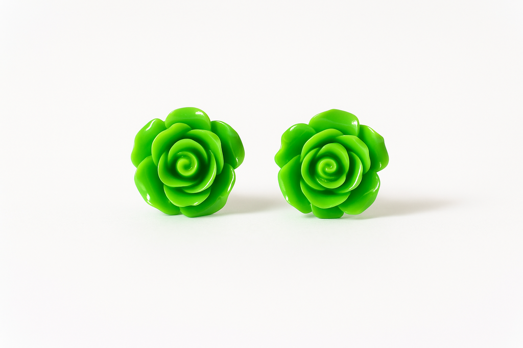 Large Green Rose Flower Earrings