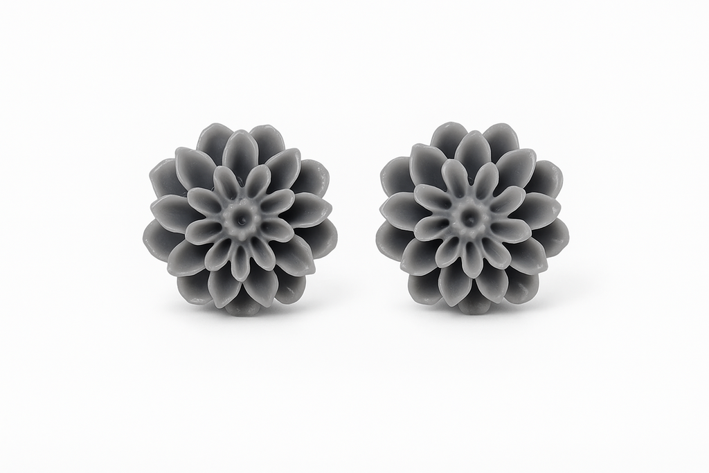 Grey Dahlia Flower Stud Earrings
