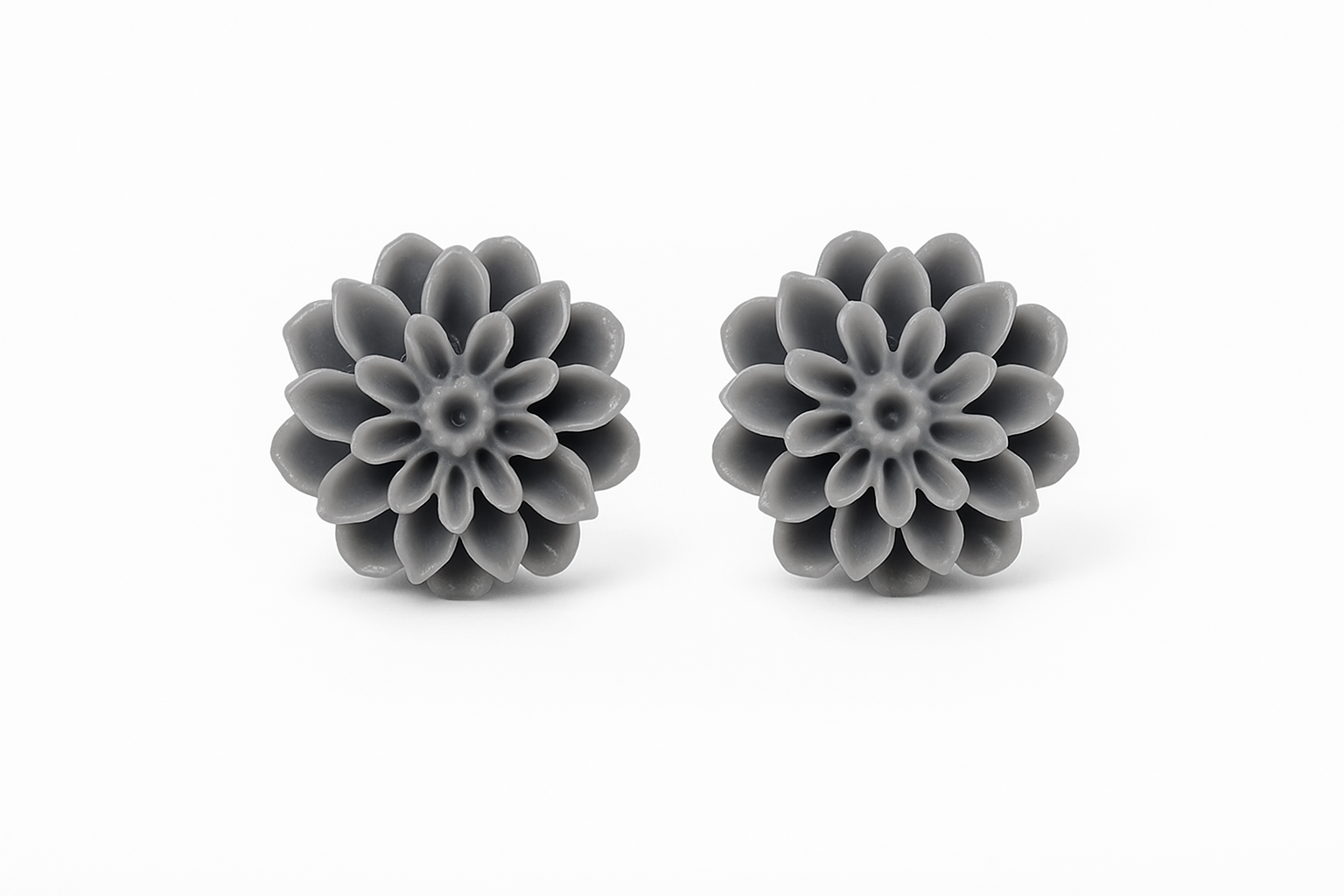 Grey Dahlia Flower Stud Earrings