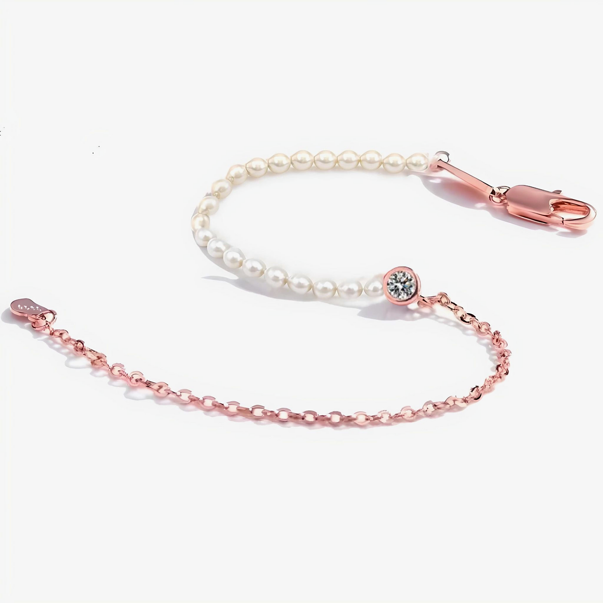 Rose Gold Zirconia Freshwater Pearl Chain Bracelet