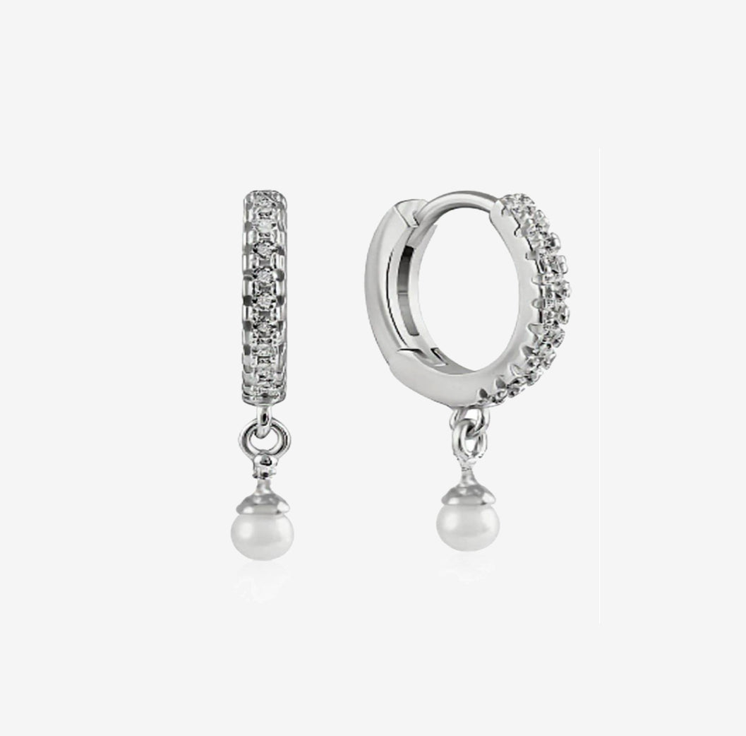 Cubic Zirconia and Pearls Sterling Silver Hoop Earrings