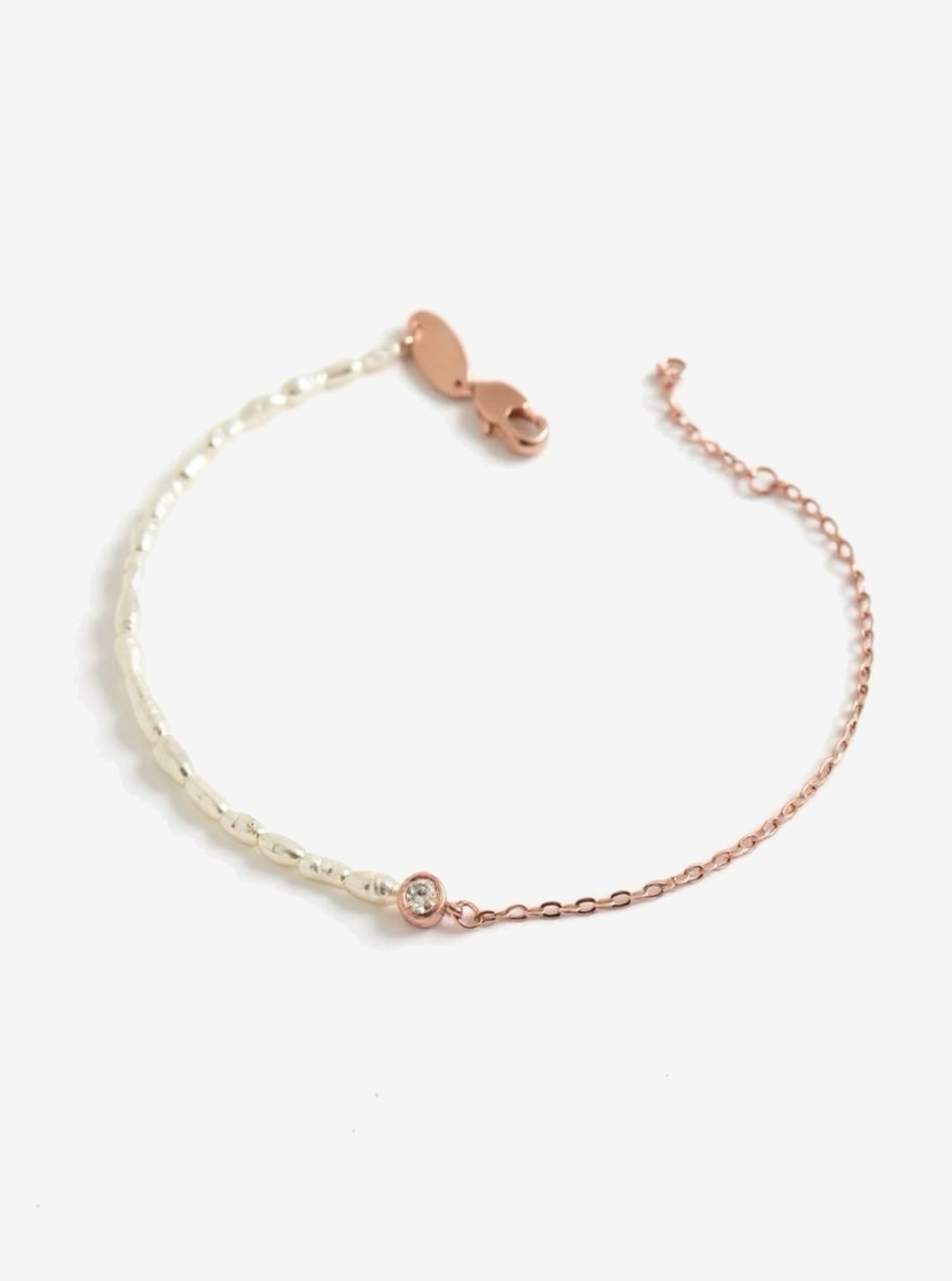 Rose Gold Zirconia Freshwater Pearl Chain Bracelet