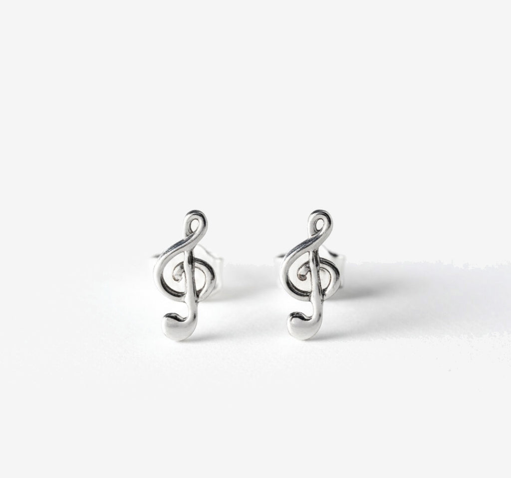 Music Note Clef Sterling Silver Stud Earrings