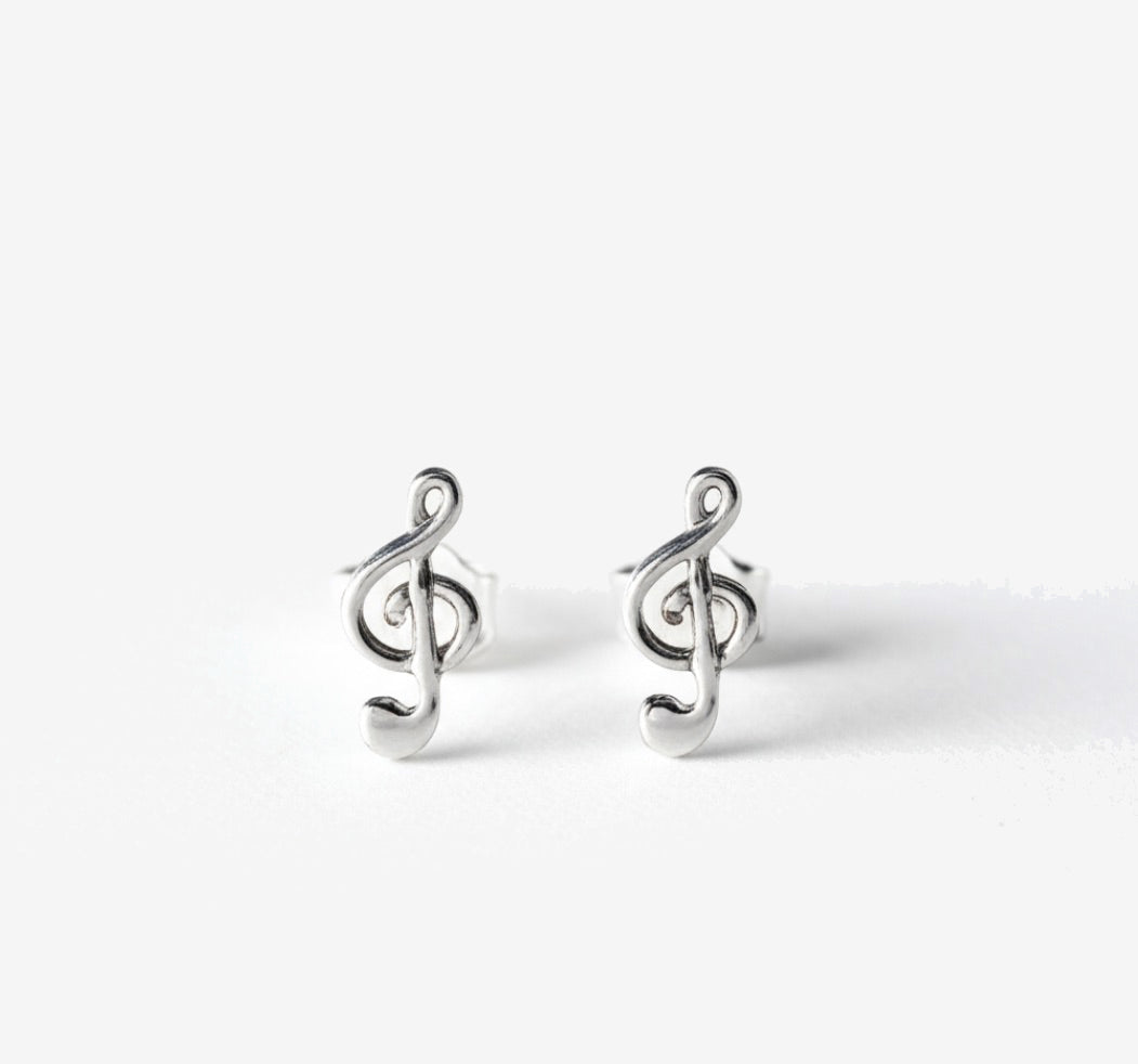 Music Note Clef Sterling Silver Stud Earrings