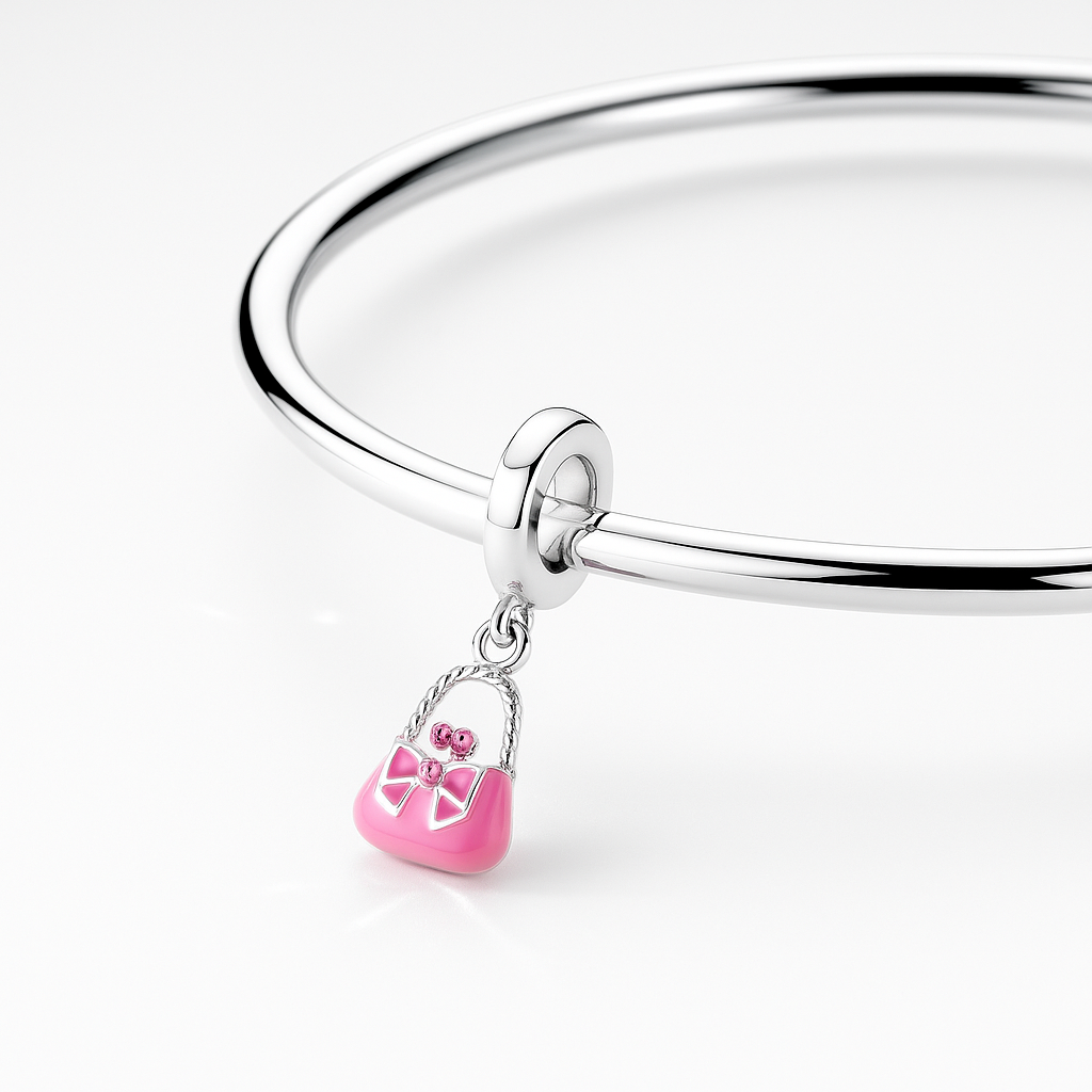 Pink Lady Handbag Silver Bracelet Charm