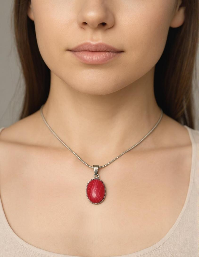 Pink Rhodochrosite Stainless Steel Pendant Necklace