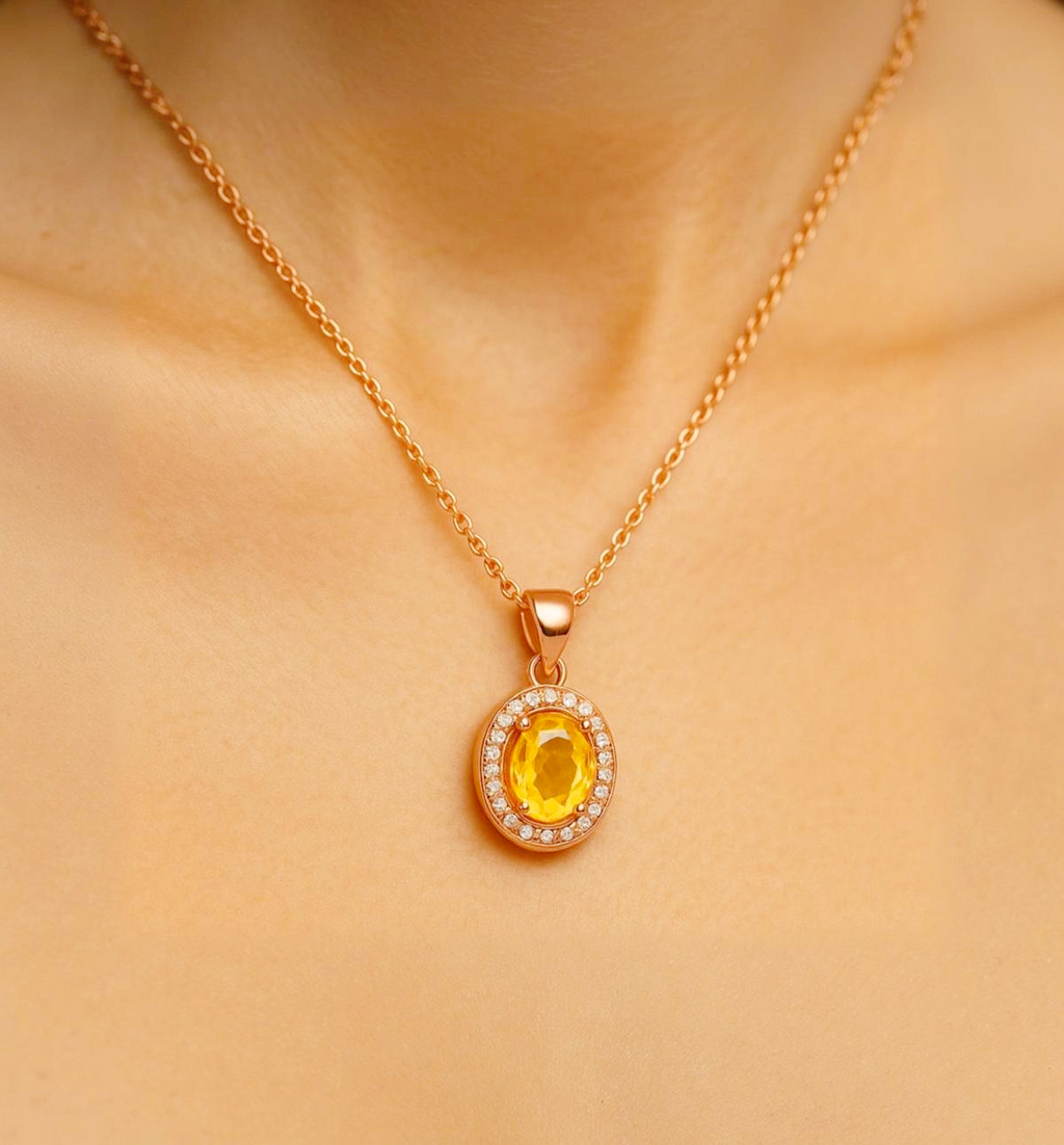 Citrine Solitaire Rose Gold Sterling Silver Necklace