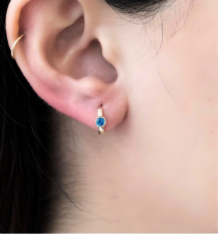 Gold and Central Blue Stone Hoop Earrings