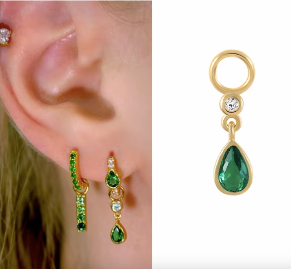 Green and White Crystal Gold on Sterling Silver Earring Charms