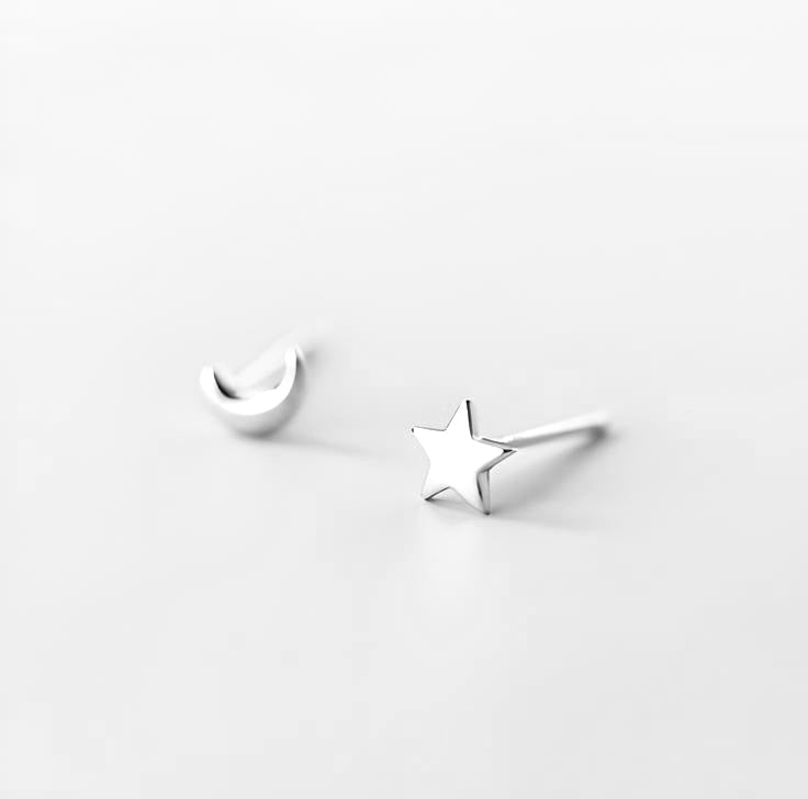 Delicate Moon and Star Sterling Silver Stud Earrings