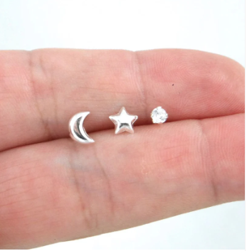 Delicate Moon and Star Sterling Silver Stud Earrings