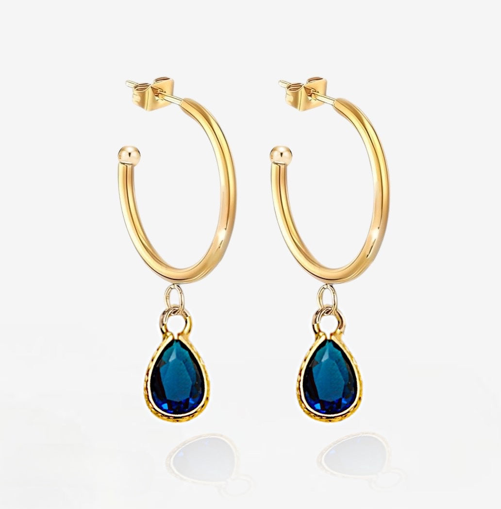 Deep Blue Teardrop Semi Hoop Earrings