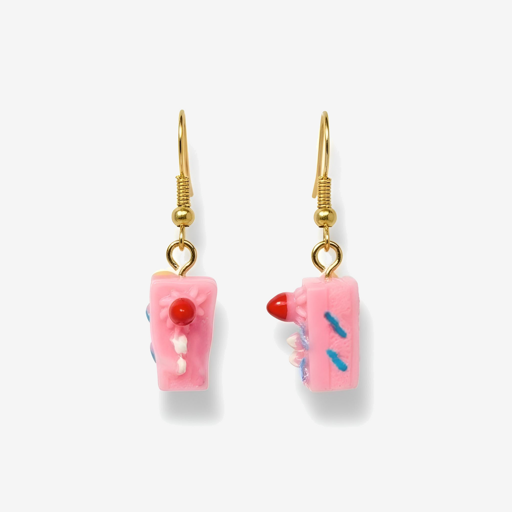 Golden Drop Earrings with Pink Cake Charms