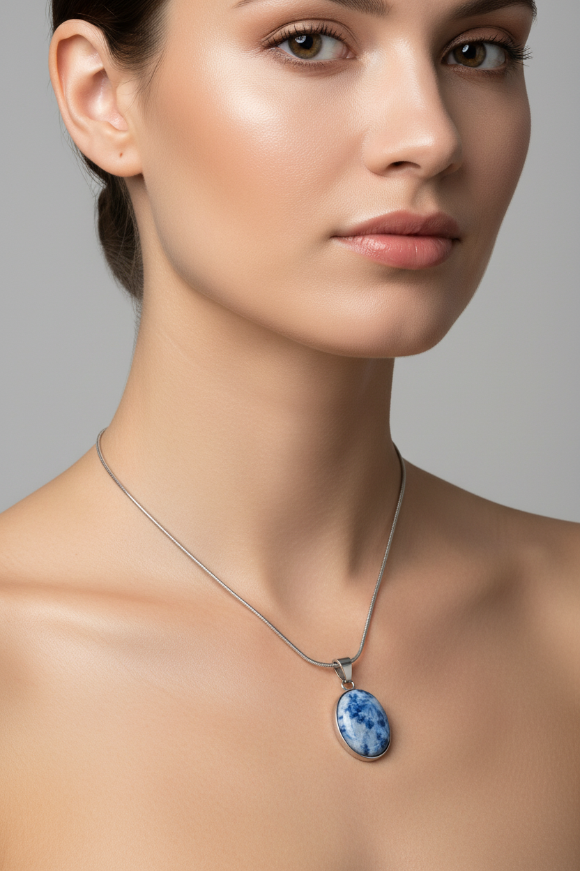 Blue oval pendant on a silver chain