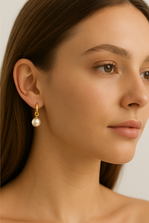 Close-up of a woman wearing a gold hoop earrings with dangle pearl charms on a neutral background