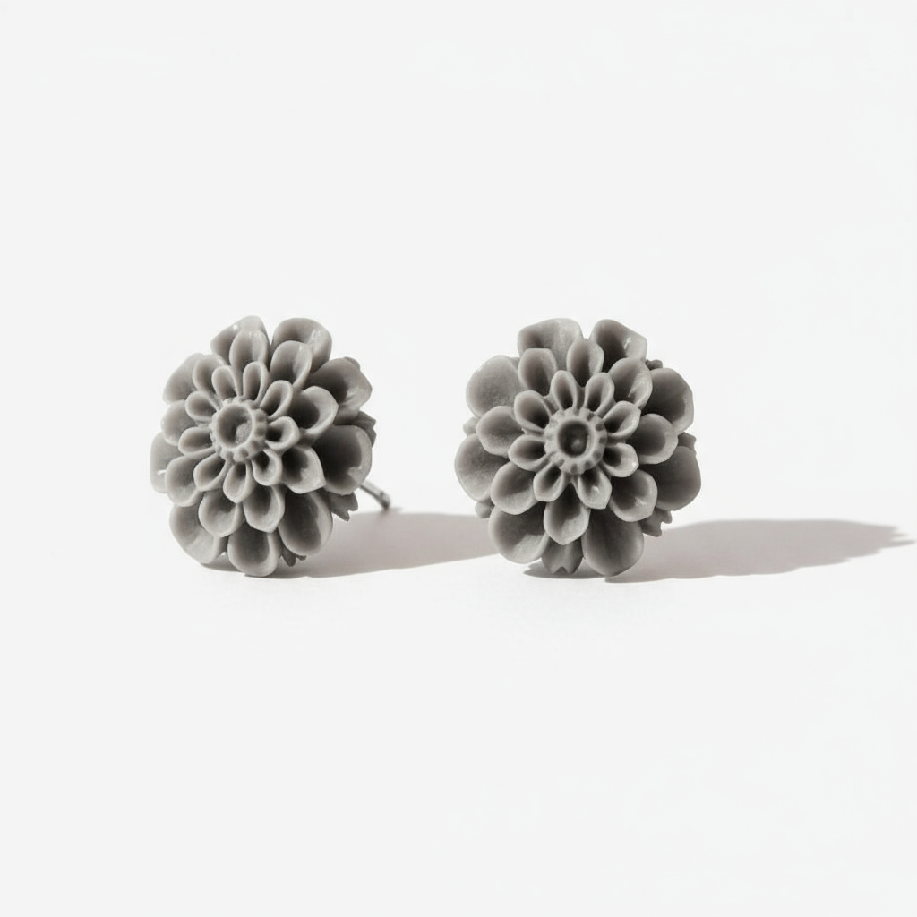 Grey Dahlia Flower Stud Earrings