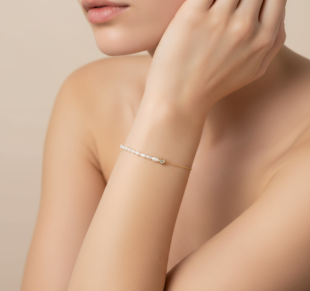 Rice Pearls with Gold Plated Stainless Steel Chain Bracelet