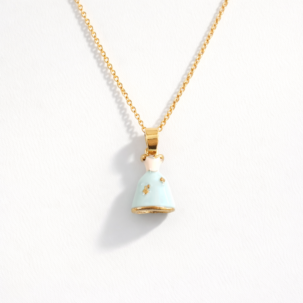 Necklace with a light blue pendant with golden chain