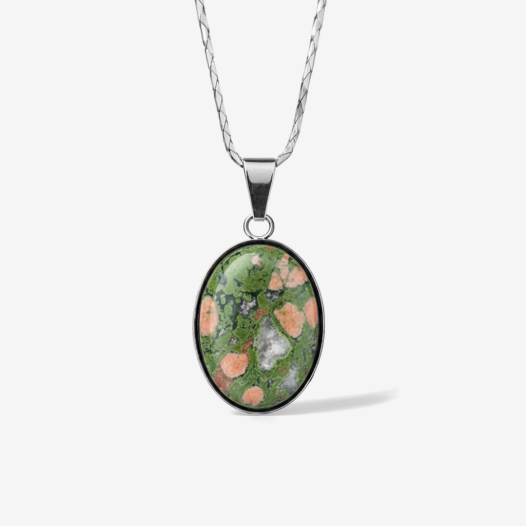 Natural Unakite Stone Stainless Steel Pendant Necklace