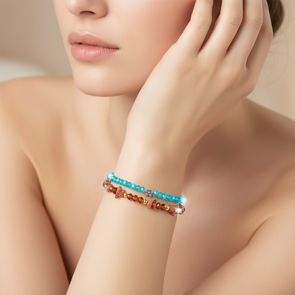 Brown Stones and Crystal Beads Stack Bracelet