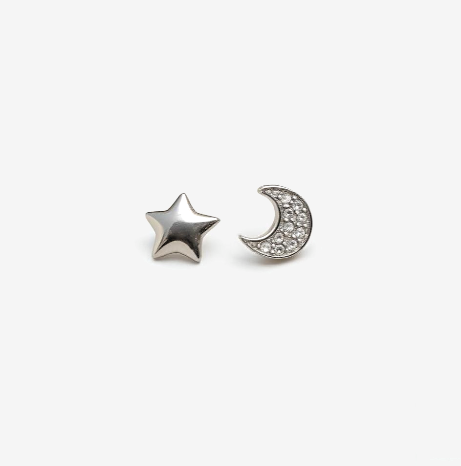 Asymmetric Moon and Star Sterling Silver Stud Earrings