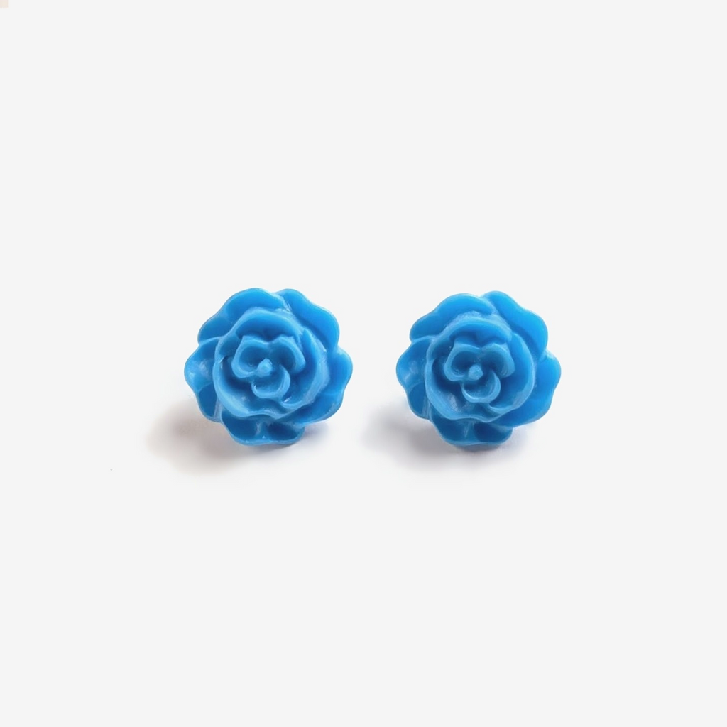 Deep Matt Blue Flower Stud Earrings