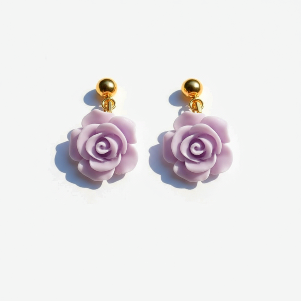 Light Purple Flowers Gold Drop Earrings