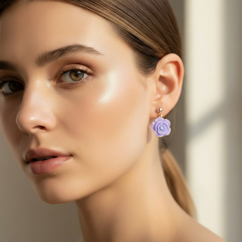 Light Purple Flowers Gold Drop Earrings